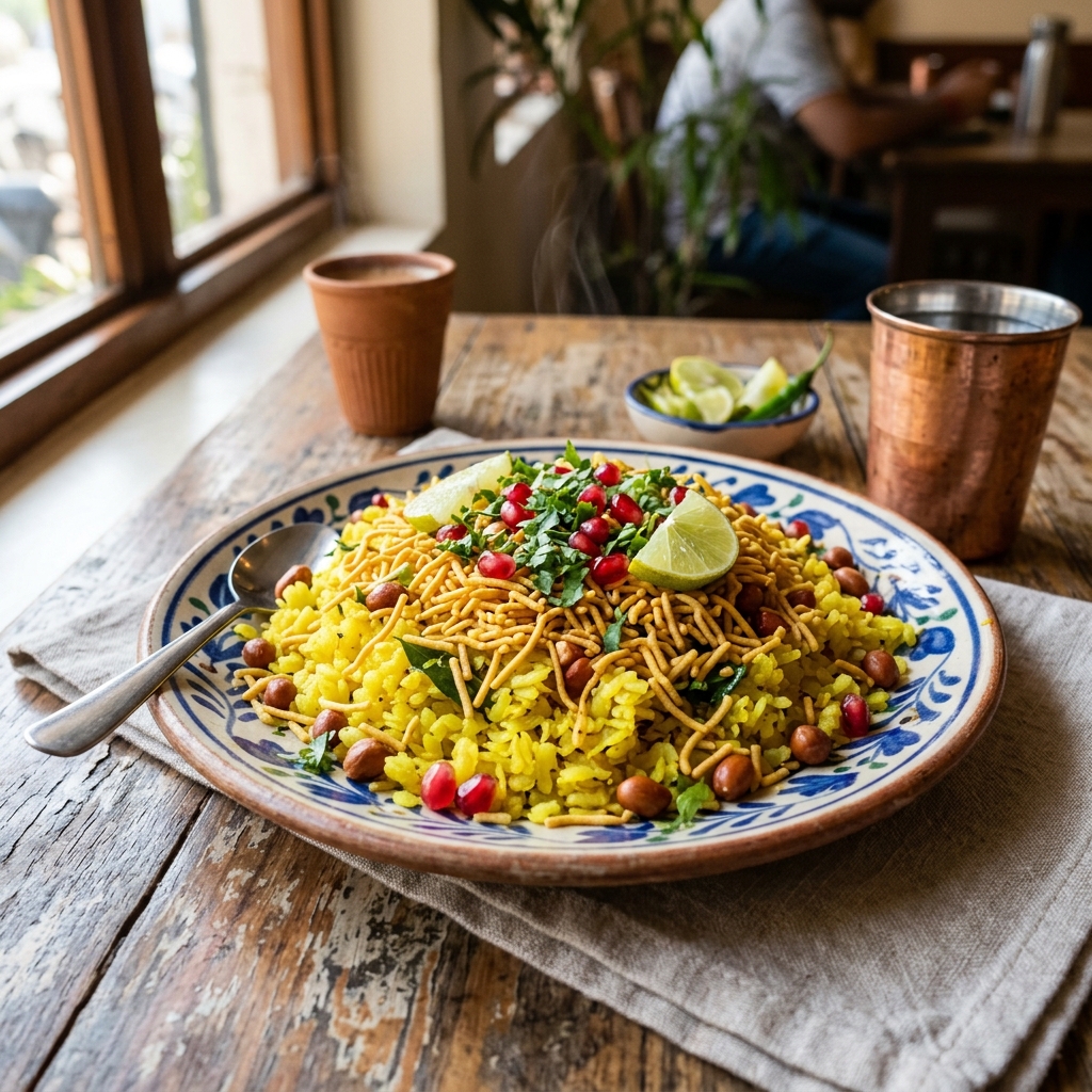 Indori Poha & Sev with Bun Maska